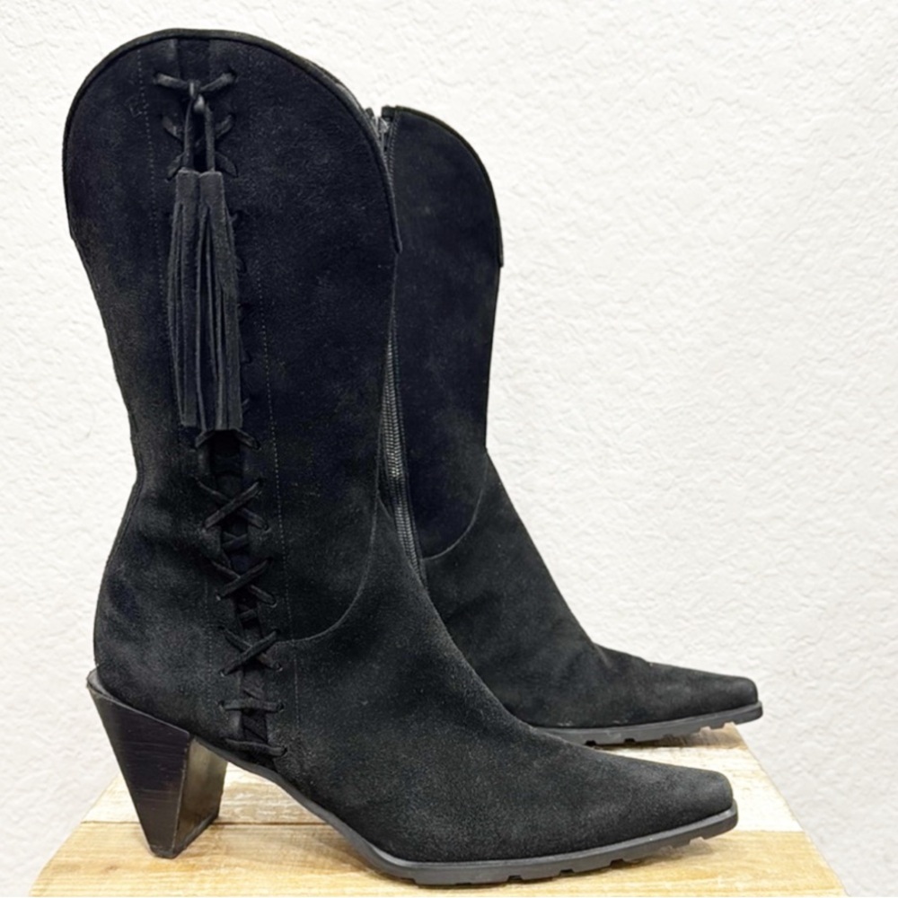 Stuart Weitzman Black Suede Heeled Tassel Boots